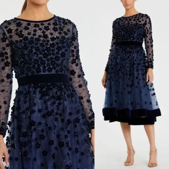 Mac Duggal 67007 Size 16 Dark Blue 3D Floral High Neck Long Sleeve Midi Dress - Picture 1 of 4